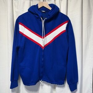 Vintage Blue Acrylic Full Zip Hoodie Jacket Athletic Chevron Stripe Mens Medium